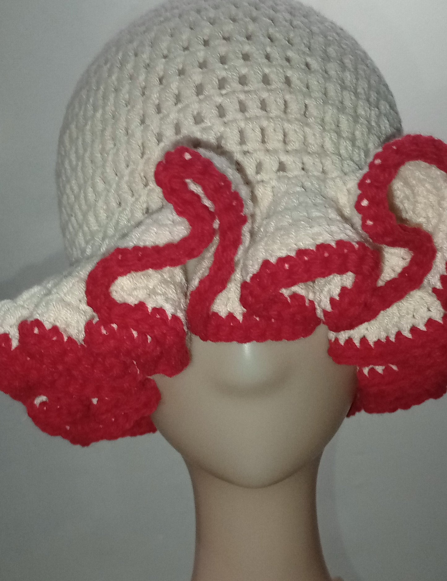 Cream Crocheted Ruffled Hat with Red Edges