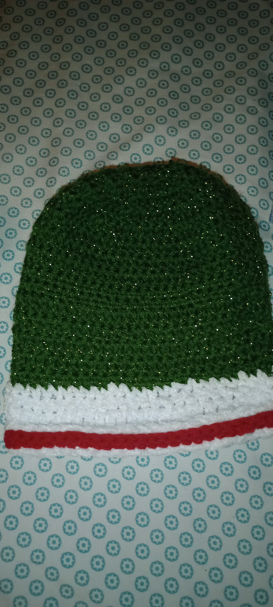 Crocheted beanie with a green, white, and red color scheme