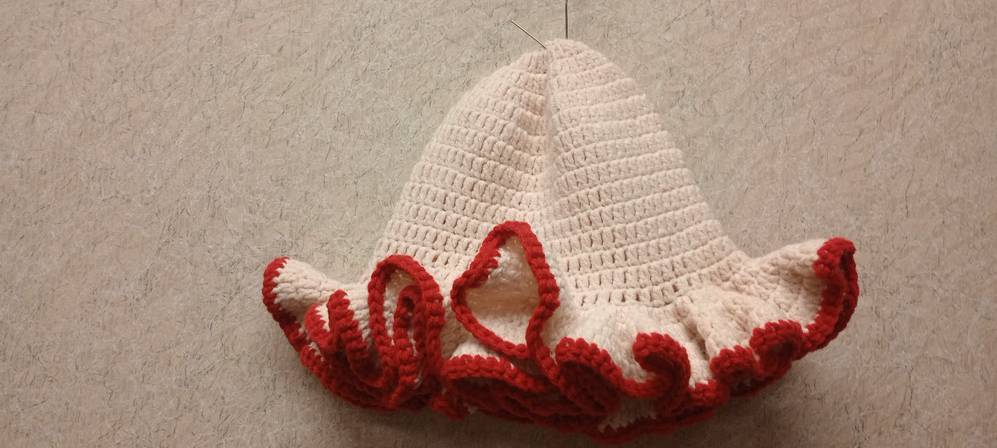 Cream Crocheted Ruffled Hat with Red Edges