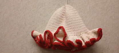 Cream Crocheted Ruffled Hat with Red Edges