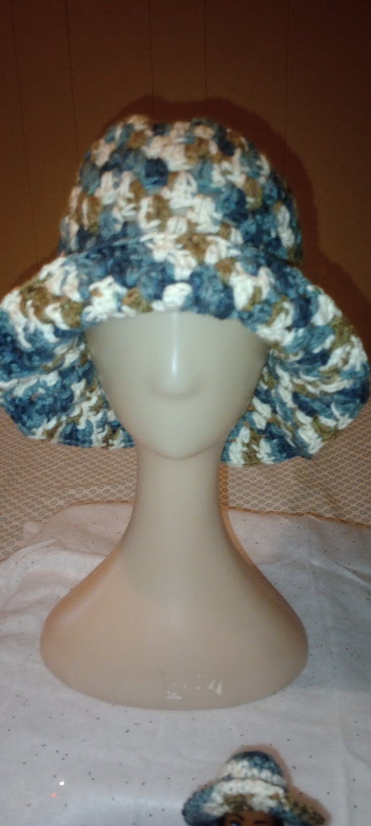 Blue, White, and Brown Crocheted hat